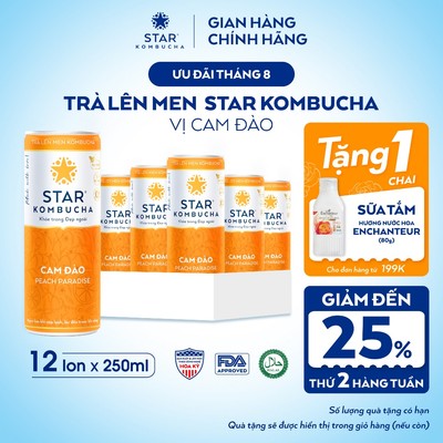 Thùng 12 Lon Trà Lên Men STAR KOMBUCHA Cam Đào 250ml - Thức Uống Bổ Sung PROBIOTICS Tự Nhiên Từ Trà, SCOBY, Thảo Mộc