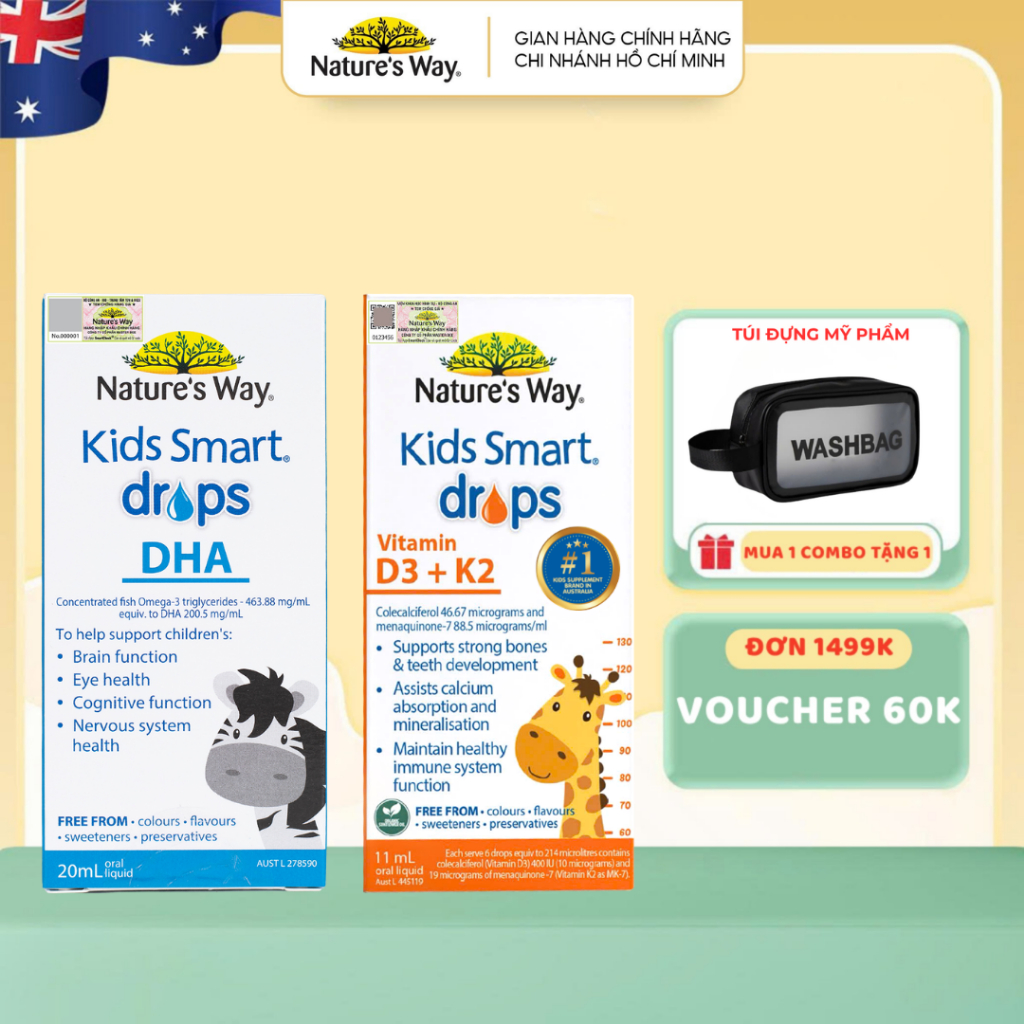 Combo DHA Drops và Vitamin D3K2 Nature's Way Kids Bổ Sung Vitamin, Phát Triển Não Bộ Cho Bé 20ml và 