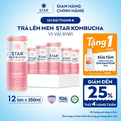 Thùng 12 Lon Trà Lên Men STAR KOMBUCHA Vải Kiwi 250ml - Thức Uống Bổ Sung PROBIOTICS Tự Nhiên Từ Trà, SCOBY Và Thảo Mộc