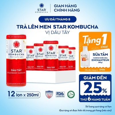 Thùng 12 Lon Trà Lên Men STAR KOMBUCHA Dâu Tây 250ml - Thức Uống Bổ Sung PROBIOTICS Tự Nhiên Từ Trà, SCOBY Và Thảo Mộc