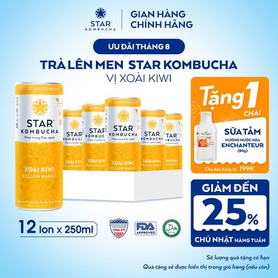 Thùng 12 Lon Trà Lên Men STAR KOMBUCHA Xoài Kiwi 250ml - Thức Uống Bổ Sung PROBIOTICS Tự Nhiên Từ Trà, SCOBY Và Thảo Mộc