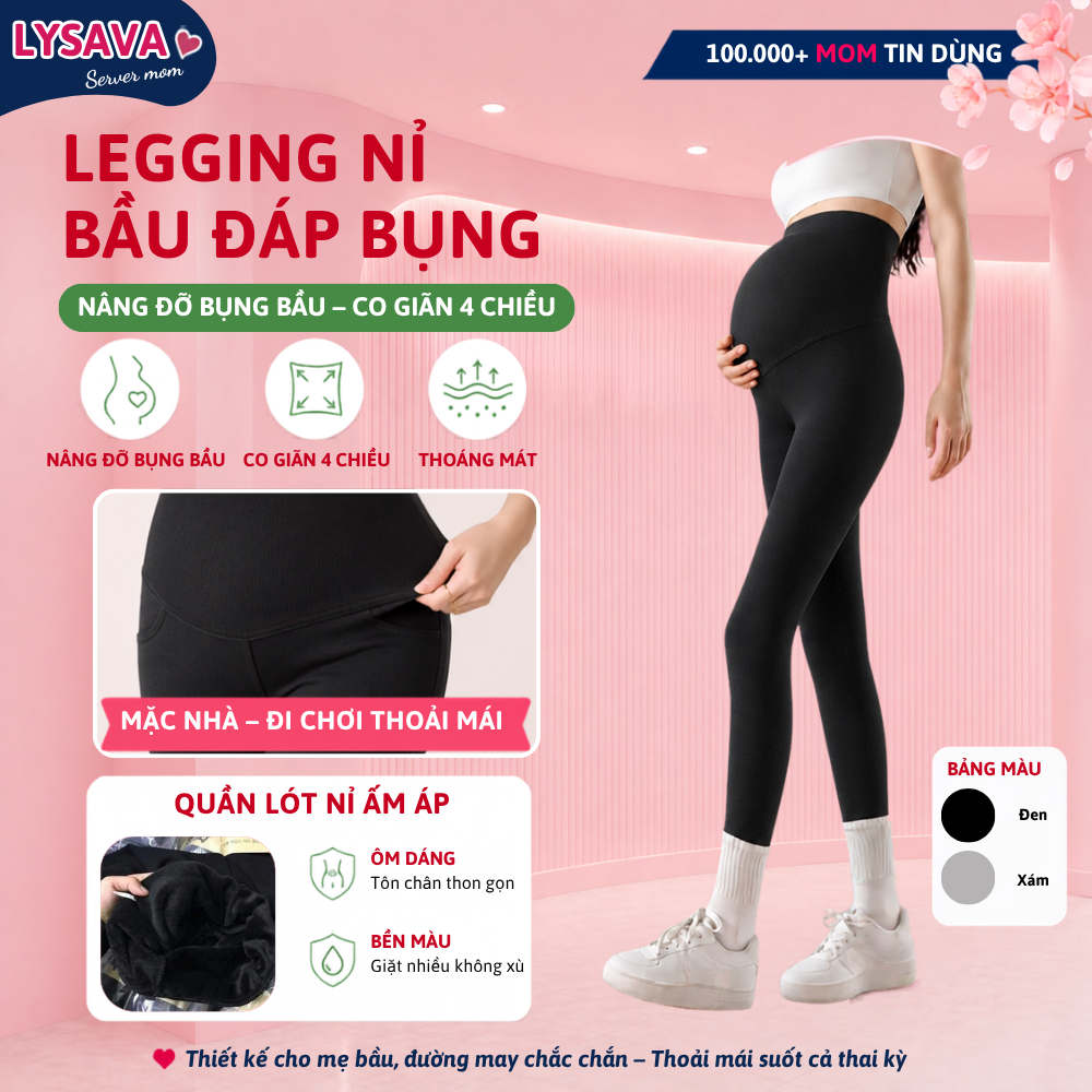 Quần Legging Bầu LYSAVA Đáp Bụng Chun Điều Chỉnh Chất Nỉ Cao Cấp Lót Lông - Legging Bầu Co Giãn 4 Ch