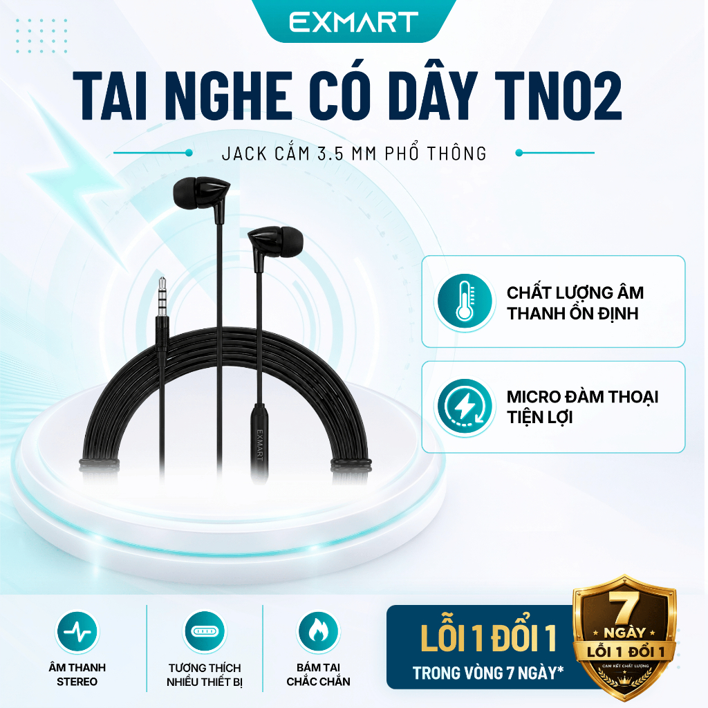 Tai Nghe Có Dây EXMART TN02 Jack 3.5 mm - Hàng Chính Hãng, Lỗi 1 Đổi 1 Trong 7 Ngày