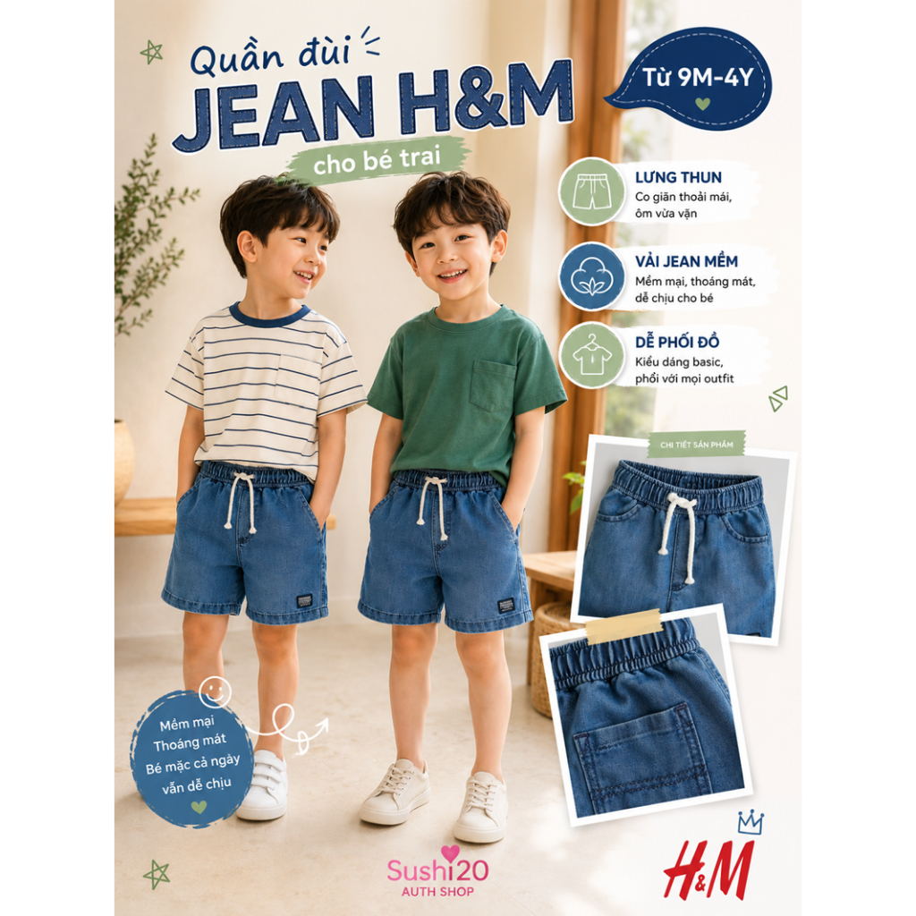 Quần đùi Jean HM cho bé trai từ 9M-4Y lưng thun vải jean mềm dễ phối đồ- HM074