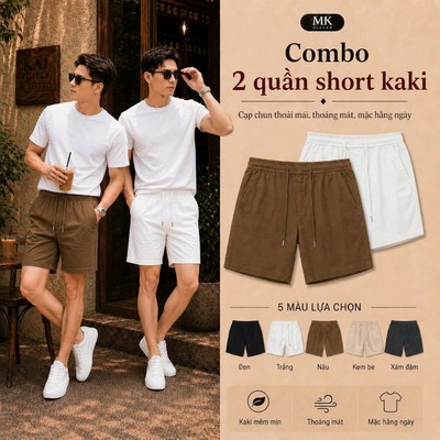 Combo 2 quần đùi nam kaki MKCLEVER Cạp Chun Thoáng Mát Trẻ Trung, Vận Động Thoải Mái