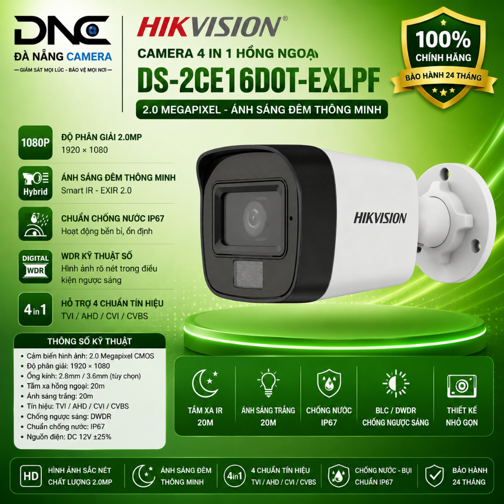 Camera 4 in 1 hồng ngoại 2.0 Megapixel HIKVISION DS-2CE16D0T-EXLPF ánh sáng đêm thông minh