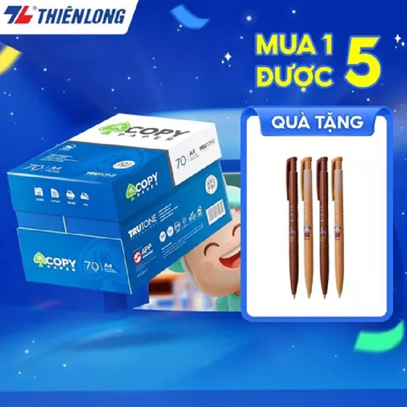 Combo 5 ream giấy in A4, giấy photo 70/80gsm Thiên Long IK Copy/Copy Plus (2500 tờ/thùng) - Thùng gi