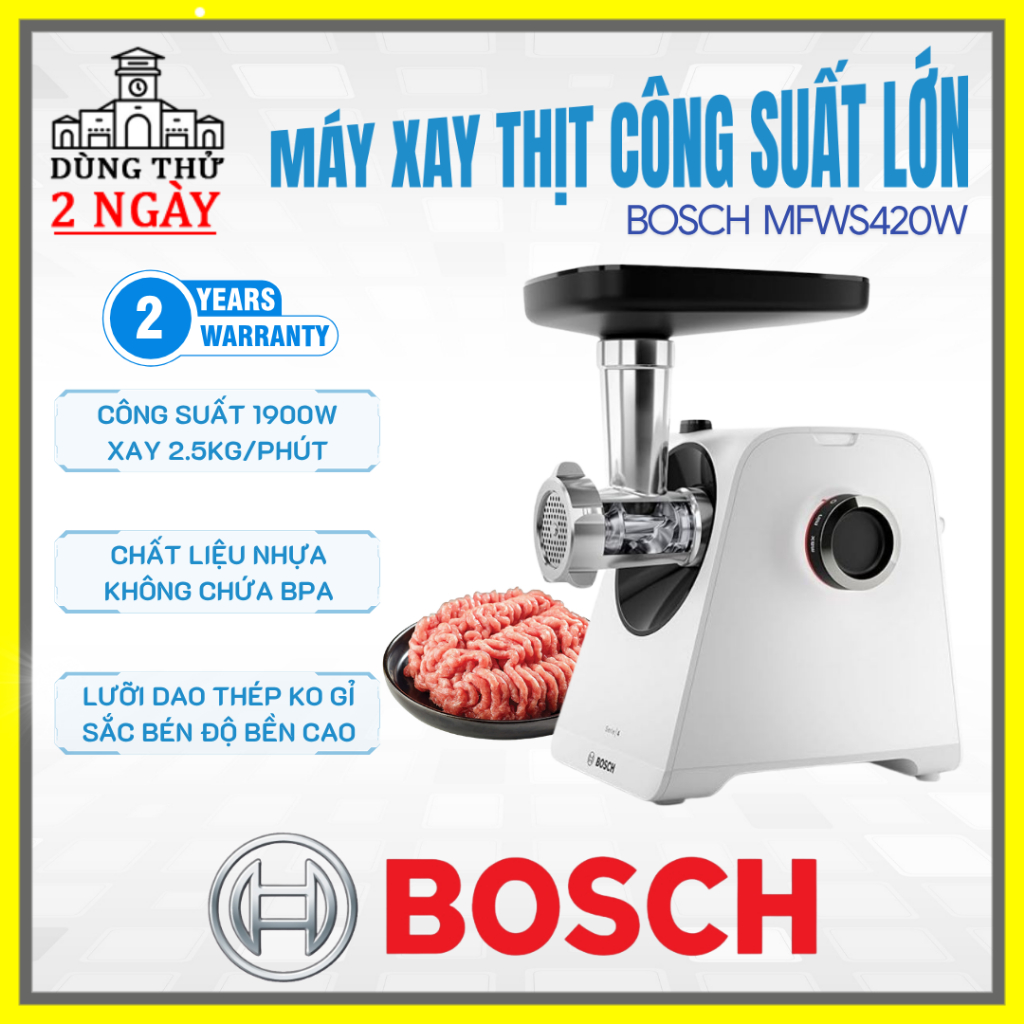 Máy xay thịt BOSCH MFWS420W, công suất lớn 1900W, vỏ nhựa ko chứa BPA, bảo hành 2 năm