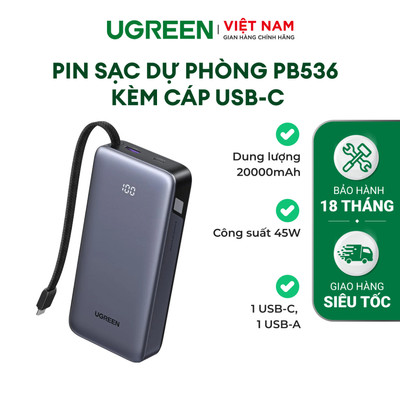 Pin Sạc Dự Phòng Ugreen 20000mAh | Cáp Liền Sạc | Sạc Nhanh Đa Cổng Cho Điện Thoại và Laptop | BH 18 Tháng 1 Đổi 1