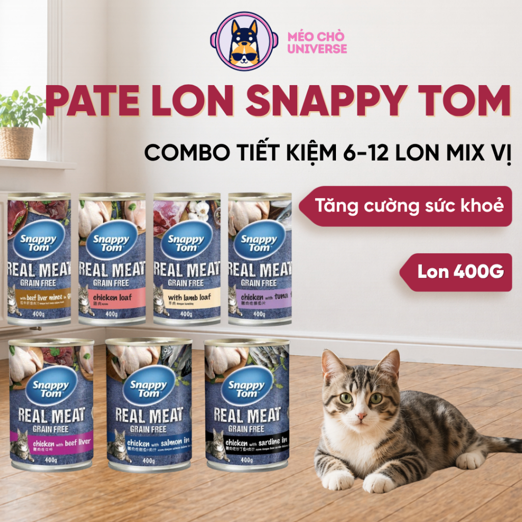 COMBO 6 - 12 LON Pate 400G Snappy Tom Cho Mèo, COMBO 12 LON Snappy Tom Real Fish 400g từ thịt thật -
