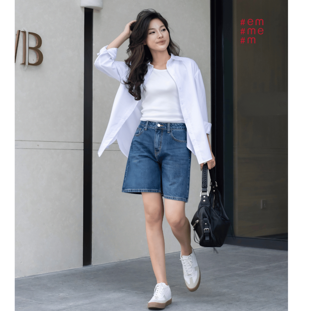 HASHTAGEM - Quần Short Lửng Ngố High Rise Denim Shorts Dark Blue HDS.2 Form Rộng, Xanh Đậm Wash