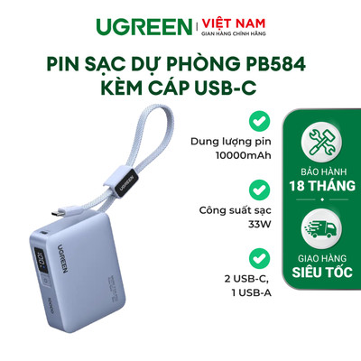 Pin Sạc Dự Phòng Ugreen PB584 10000mAh | Sạc Nhanh 33W Cáp Liền USB-C | Bảo Hành 18 Tháng 1 Đổi 1 | 75173B