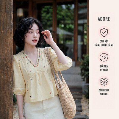 [ ADORE ] Áo peplum thô vàng kem thêu hoa cổ 613TO1036