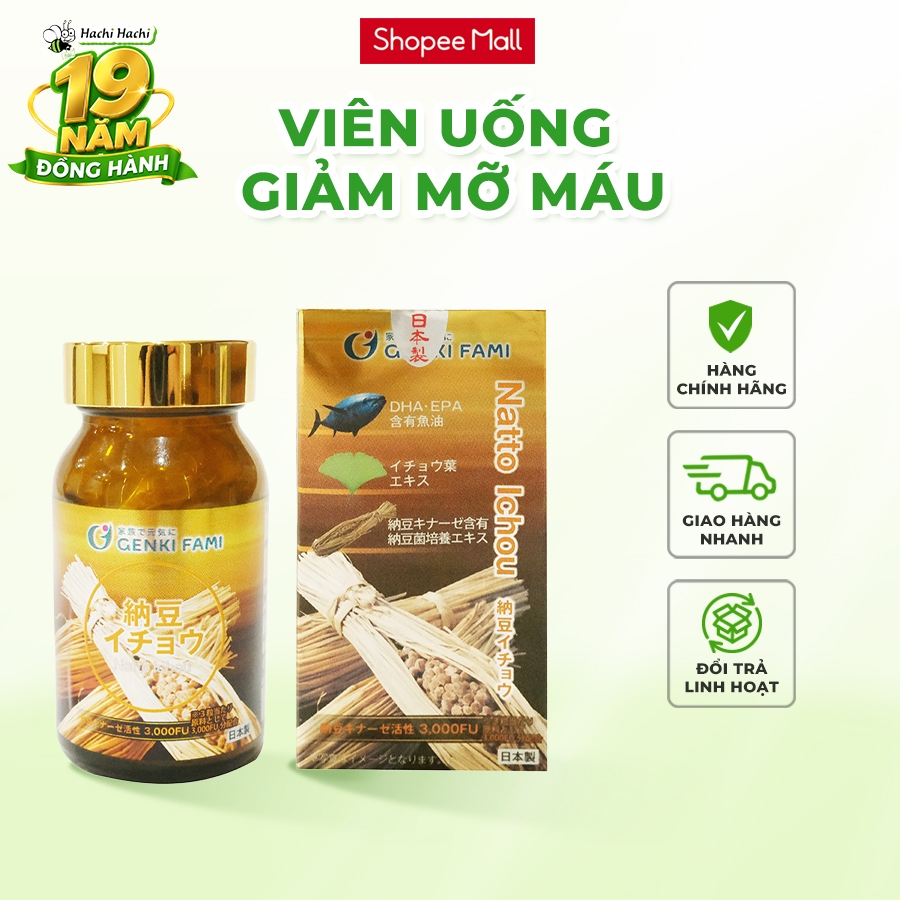 Viên uống Natto Ichou 3000FU 90 viên, Nattokinase giảm mỡ máu, nguy cơ tai biến, đột quỵ