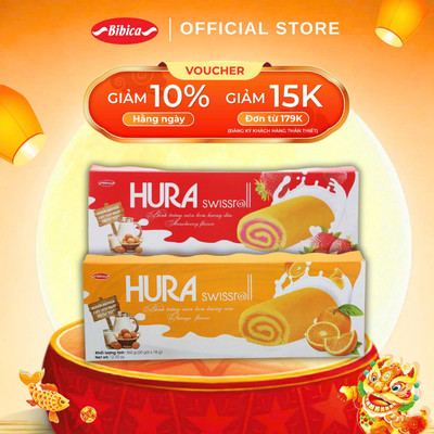 Bánh Hura Swissroll Bibica Bông Lan Trứng Cuộn Kem Nhiều Vị (Dâu, Cốm, Cam+C, Bơ Sữa) 360g