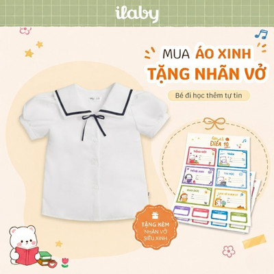 [TẶNG NHÃN VỞ] Áo sơ mi bé gái ILABY thiếu kế cổ thủy thủ đính nơ chất liệu cotton lụa [3896]