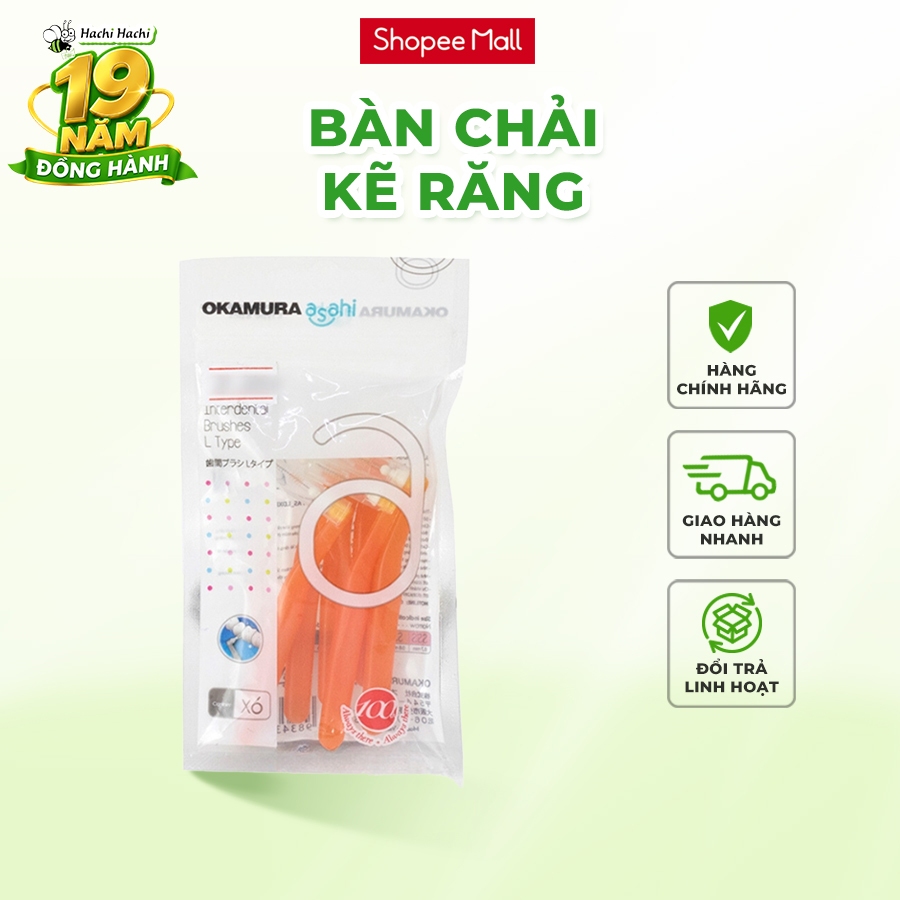 Bàn chải kẽ răng Okamura Asahi hình L 6 cái màu cam (SS) 0.8mm - Hachi Hachi Japan Shop
