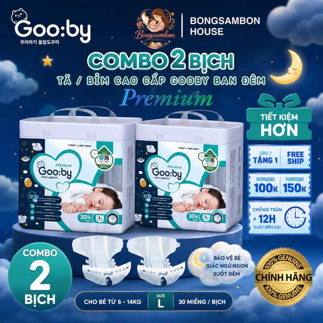 COMBO 2 BỊCH Tã/Bỉm Gooby Premium cho bé ban đêm, đủ kích thước NB/S/M/L/X/XXL/3XL- Bongsambon House Mẹ&Bé