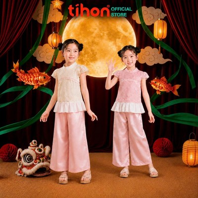 Set đồ trung thu bé gái TIHON cao cấp áo ren thiết kế cổ tàu kèm quần lụa ống suông SET0744333