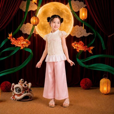 Bộ trung thu bé gái TIHON cao cấp áo ren 2 lớp áo cổ tàu thiết kế tay bồng bo chun SET744333