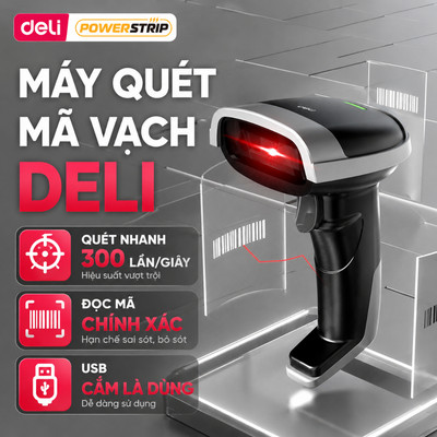 [MỞ BÁN GIẢM 5%] Máy Quét Mã Vạch Deli 1D Có Dây, Máy Quét Nhanh Liên Tục Quét Mã Code Siêu Thị Cửa Hàng Kho Vận