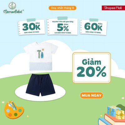 Bộ cộc tay La Pomme phối họa tiết lướt sóng thật vui - Sợi Natural Cotton thoáng mát – Bé trai - 6M - 5Y