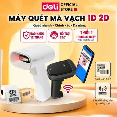 Máy Quét Mã Vạch 1D 2D DELI - Quét Mã Vạch Sản Phẩm - Đầu đọc QRcode không dây kết nối USB dùng trên Laptop, PC
