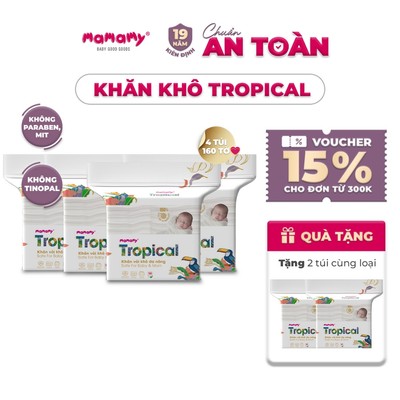[MUA 4 TẶNG 2] Khăn khô cao cấp cho bé Mamamy Tropical 100% sợi tự nhiên và rayon gói 160 tờ mềm, dai, sạch cực