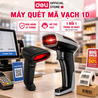 Máy Quét Mã Vạch 1D Deli Máy Quét Chính Hãng Nhanh Chuyên Dụng Dùng Trong Các Cửa Hàng, Siêu Thị