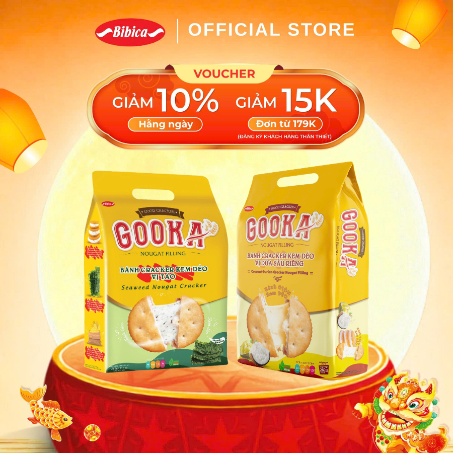 Combo 2 Bánh Gooka Cracker Nougat Filling Vị Tảo Biển/ Dừa Sầu Riêng Bibica