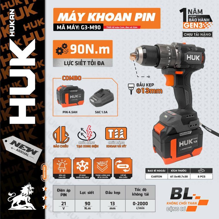 Máy khoan pin xám cam (GEN 3) G3-M90 HUKAN