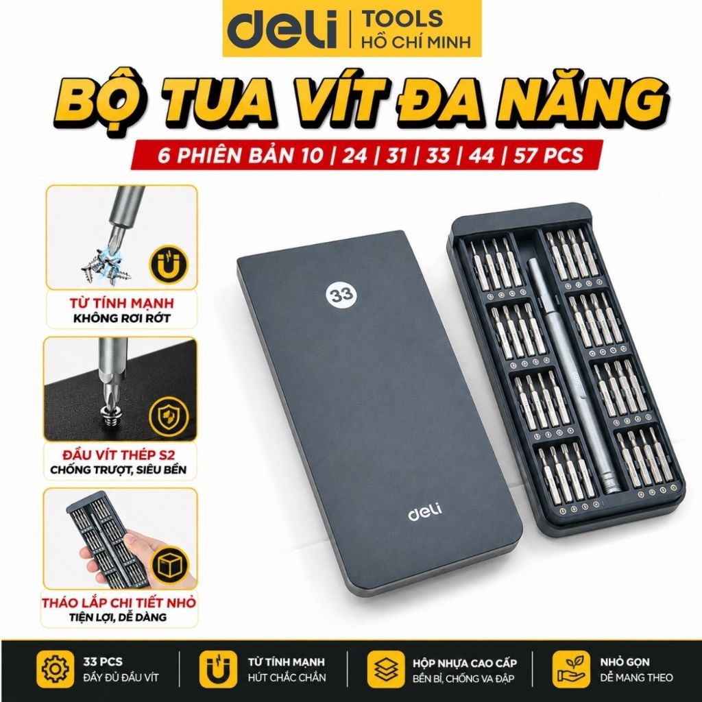 Bộ Tua Vít Đa Năng Chuyên Dụng DELI TOOLS, Bộ Tuốc Nơ Vít Từ Tính Mạnh, Đầu Vít Thép S2 Chống Trượt