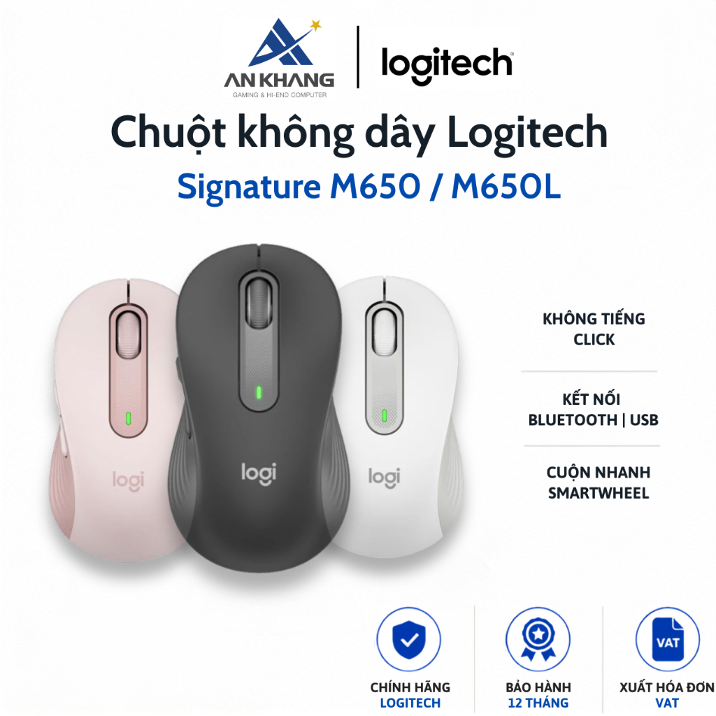 Chuột không dây Logitech Signature M650 / M650L Bluetooth USB Giảm ồn SmartWheel 5 nút Chính hãng Bảo hành 12 Tháng