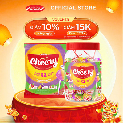 Kẹo mút Cheery hai tầng hương vị nhân đôi niềm vui Bibica lan tỏa yêu thương 570g, 760g