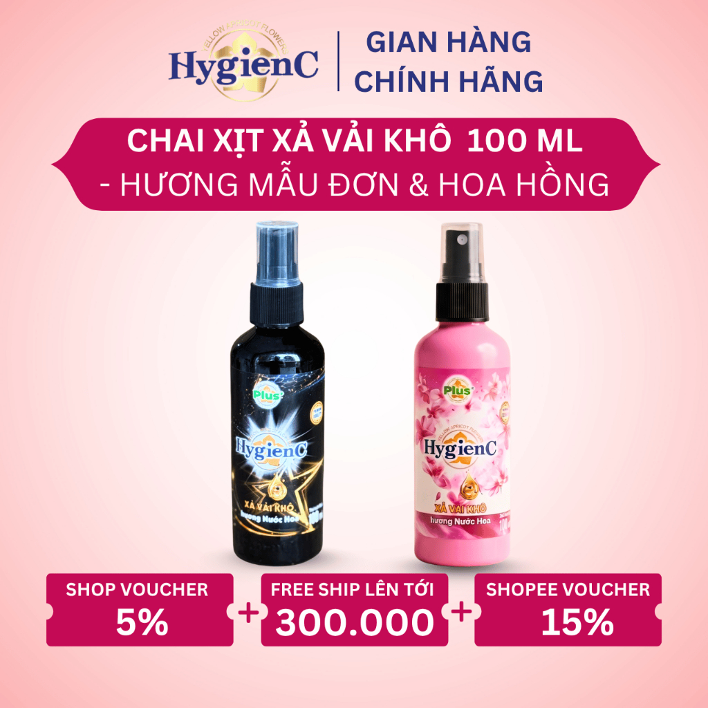 Chai Xịt Xả Thơm Vải HygienC Plus 100 ML - Hương Hoa Mẫu Đơn /Hoa Hồng (Xả Vải Khô)