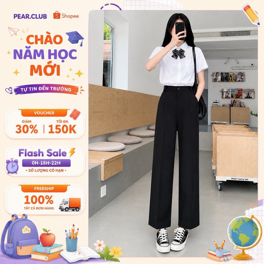 Quần Vải Đi Học Nữ Cạp Cao PEAR.CLUB - Quần Tây Ống Suông Đứng Hack Dáng Học Sinh Sinh Viên Q06