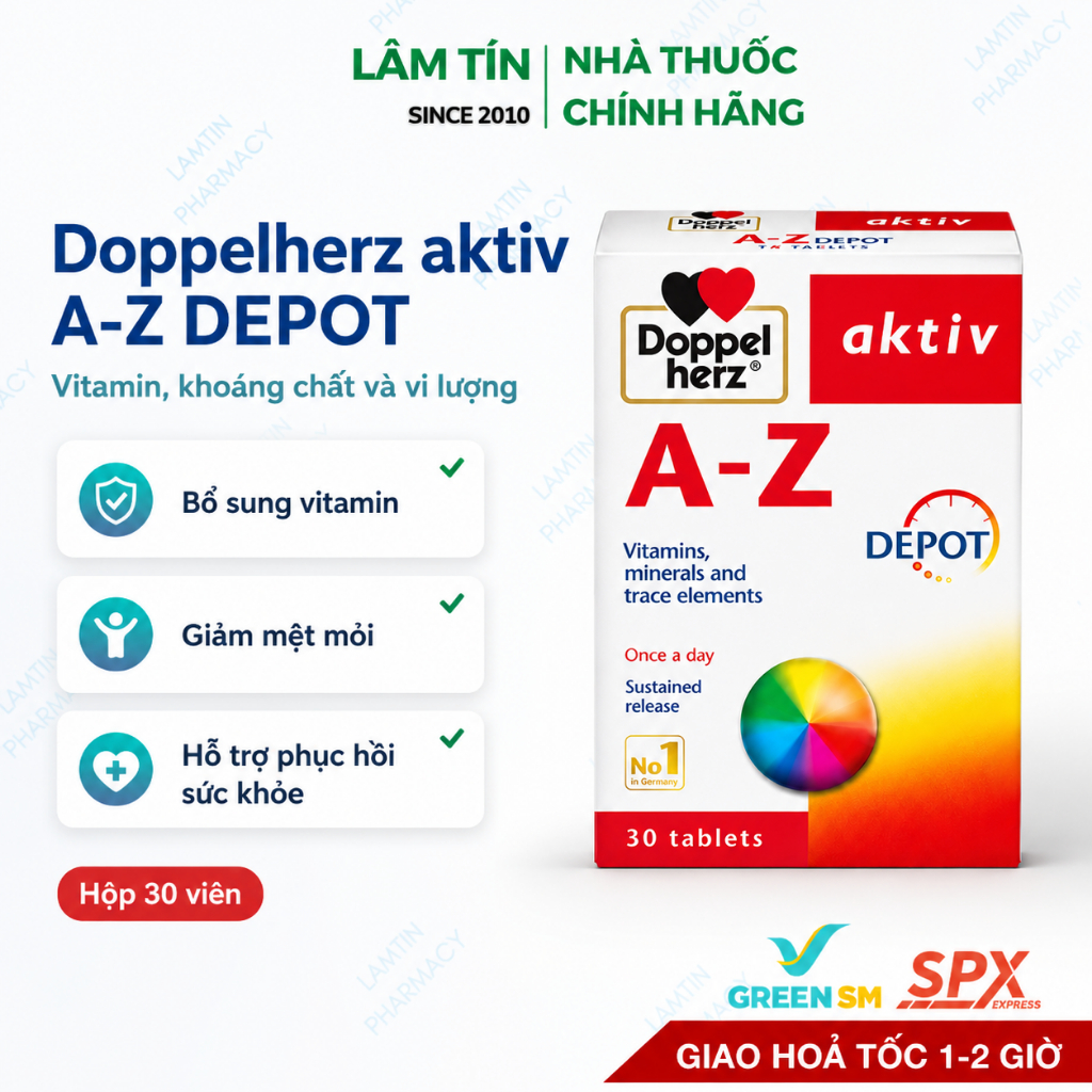 Vitamin Tổng Hợp Doppelherz Aktiv A-Z Depot - Dành Cho Trẻ Trên 10 Tuổi & Người Lớn 30 Viên/Hộp
