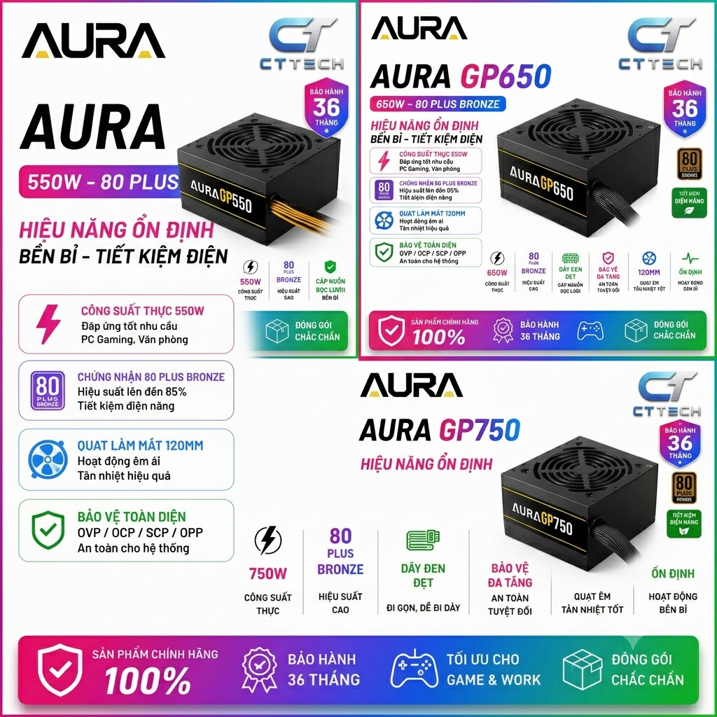 Bộ Nguồn Vi Tính AURA GP550 550 | GP650 650W | GP750 750W Black Gamdias Mới | Bảo Hành Chính Hãng 36