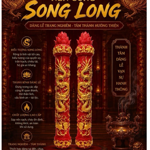 Nến Song Long Dâng Quan Thánh | Đèn Cầy Cúng Song Long Trụ Rồng | Nến Cúng Chùa - Huỳnh Gia Candle
