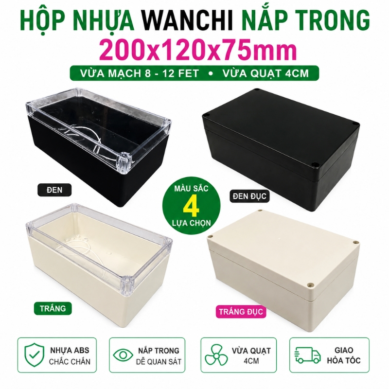Hộp Nhựa ABS chống nước WANCHI nắp trong suốt 200x120x75mm đựng mạch điện tử…