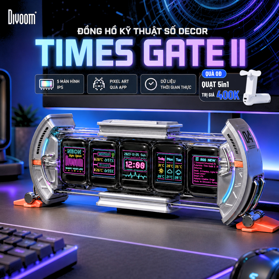 Đồng Hồ Decor Times Gate Divoom 5 màn hình LED IPS 45 RGB 1.6 triệu màu, Hiển Thị Dự Báo Thời Tiết, 