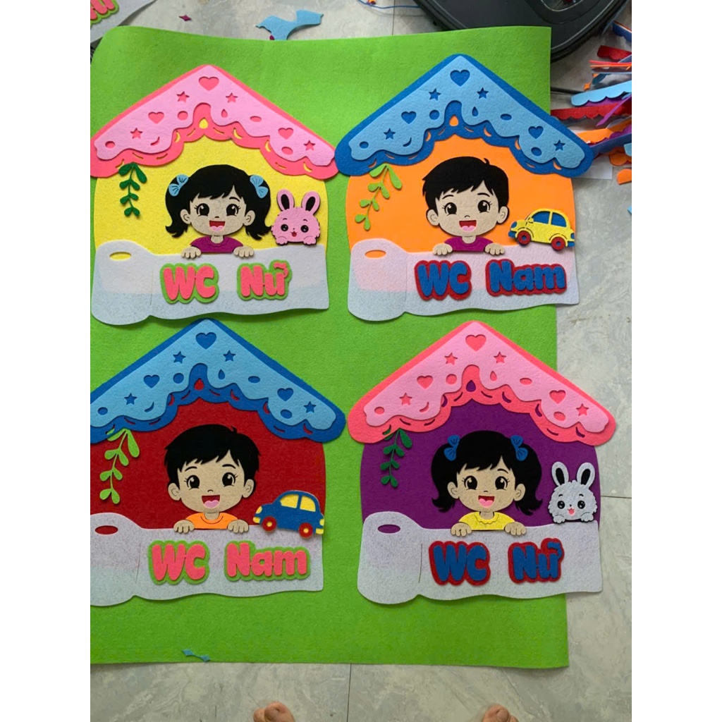 Bảng tên nhà vệ sinh Wc - Trang trí mầm non chất liệu nỉ dùng dán ngoài cửa nhà vệ sinh của bé mầm n