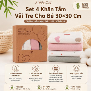 Set 4 Khăn Tắm Vải Tre Cho Bé 30×30 Cm | Little Rei