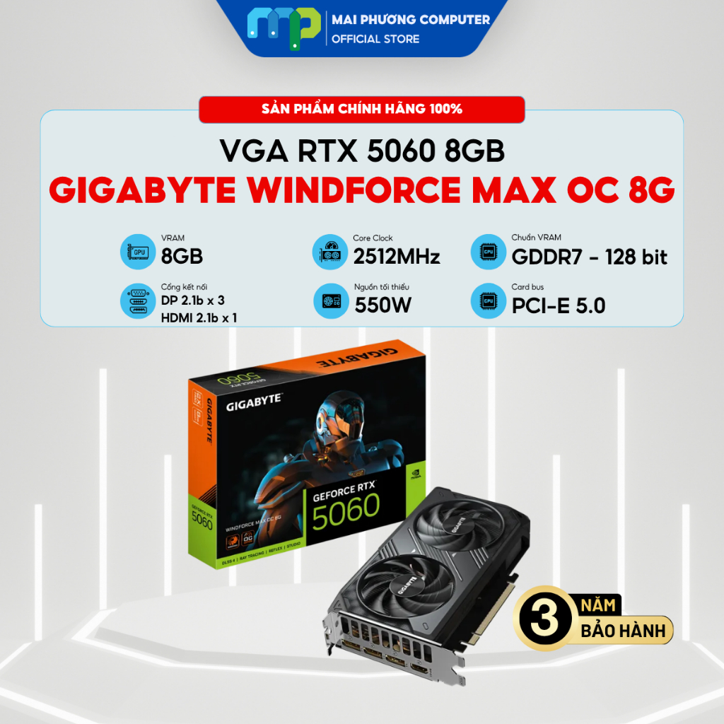 Card màn hình GIGABYTE GeForce RTX 5060 WINDFORCE MAX OC 8G - 2 Fan - 8GB - GDDR7 - Bảo hành 36 thán
