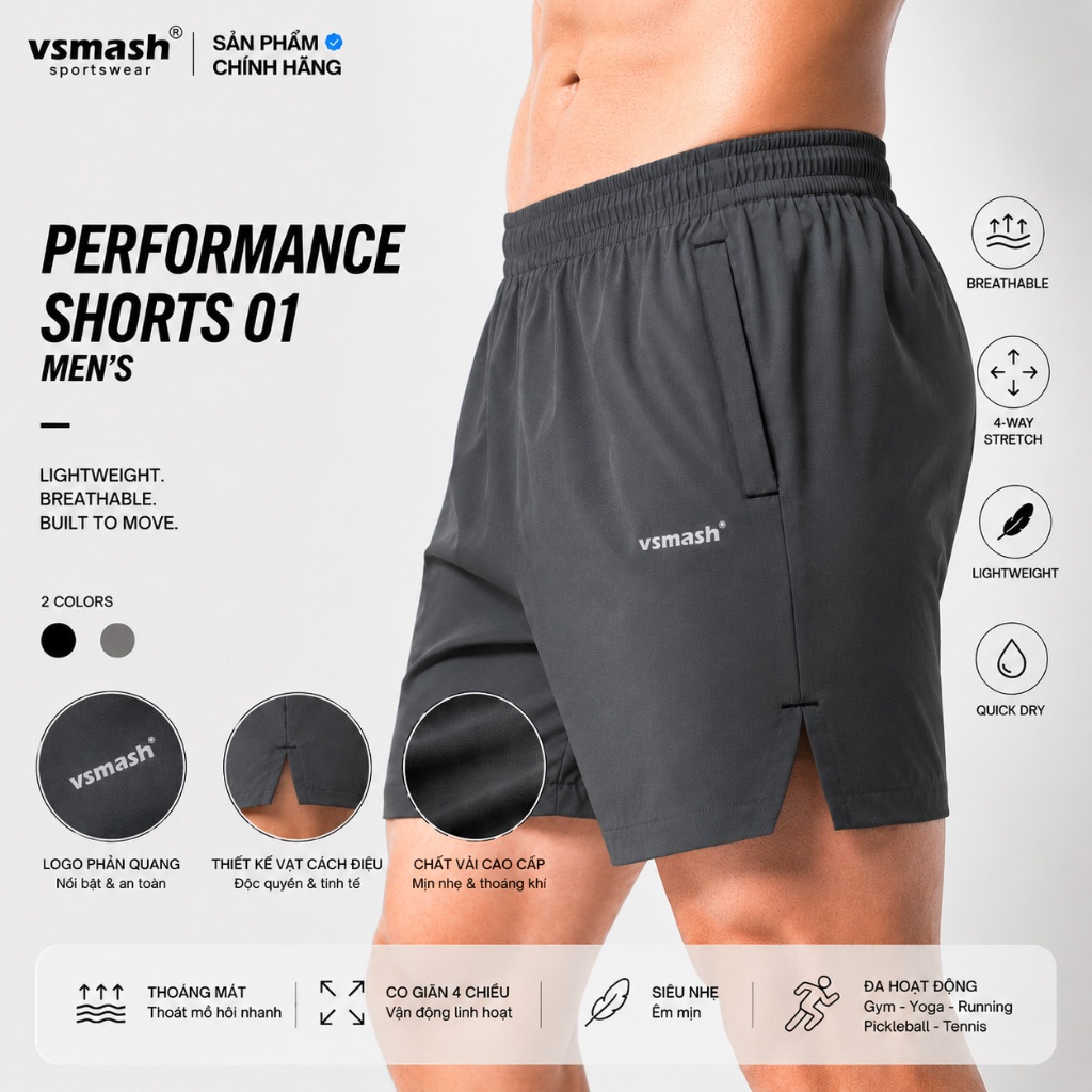 Quần Short Thể Thao Nam Vsmash Performance Shorts 01 Siêu Nhẹ Co Giãn 4 Chiều Chạy Bộ Gym Picklebal 