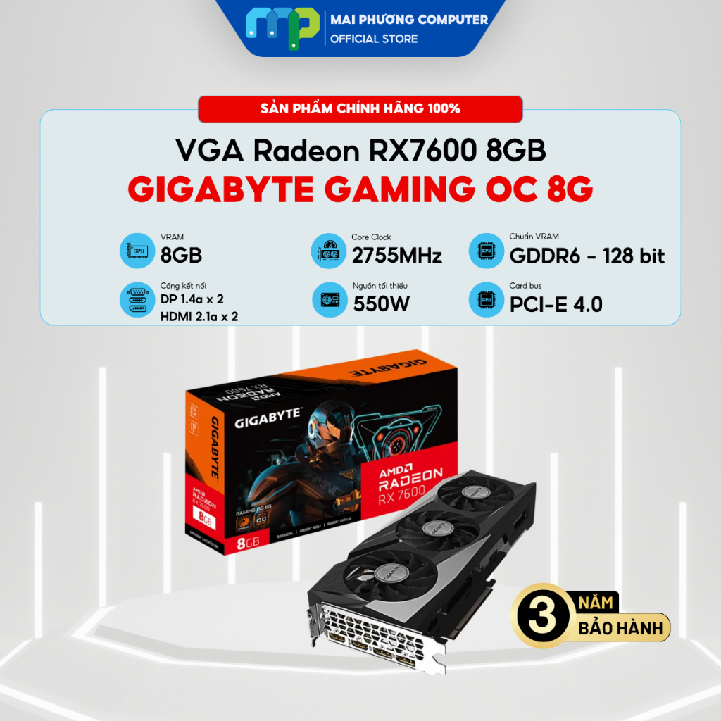 Card màn hình GIGABYTE Radeon RX 7600 GAMING OC 8G - 3 Fan - 8GB - GDDR6 - Bảo hành 36 tháng