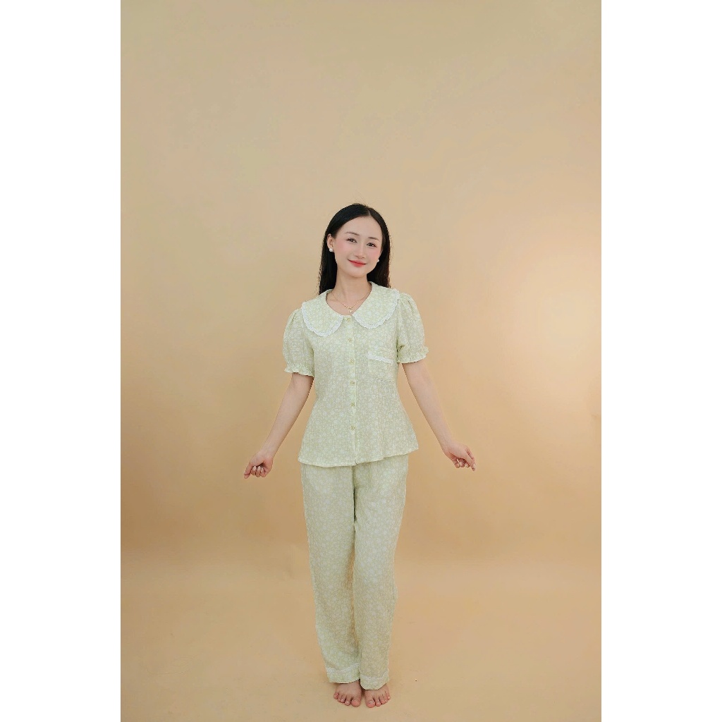 Đồ bộ mặc nhà nữ xô muslin cổ sen 100% cotton tay ngắn quần dài, pijama xô muslin mềm mát