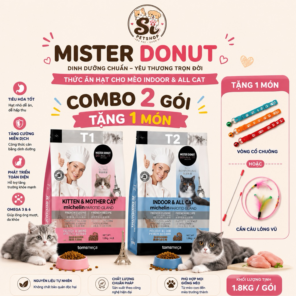 Hạt Mèo Mister Donut 1.8kg – Hạt Dinh Dưỡng Cho Mèo 😼 😻😻😻