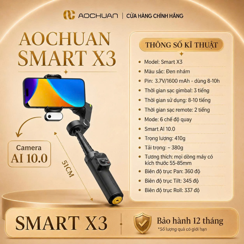 Gimbal SMART X3 có Camera AI 10.0, Gymbal chống rung điện thoại quay phim chụp ảnh theo dõi vật thể