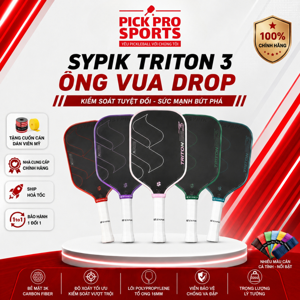 Vợt Pickleball Sypik Triton 3 Chính Hãng - Vua Drop Bóng, Sợi Carbon Siêu Nhám Tặng Cuốn Cán Dán Viề
